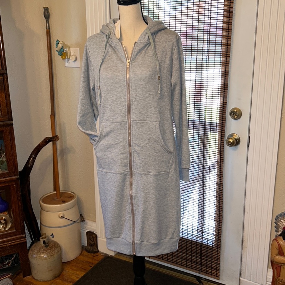 Elesol Long Zip-Up Fleece Sweatshirt Hoodie w/Pockets Light Gray Size MD NWT